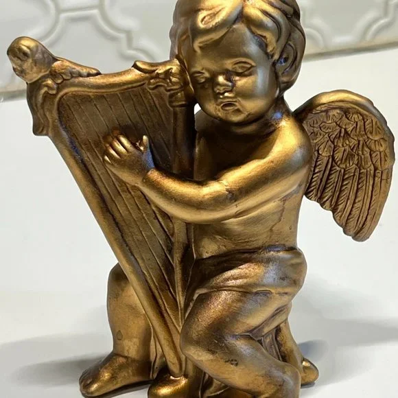 Vintage Cherub Angel Wall Art figurines resin gold with musical instruments - Picture 5 of 10